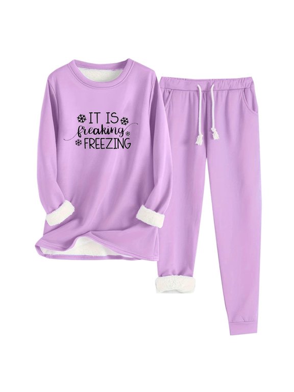 2PCS Outfits Womens Fleece Sherpa Lined Sweatsuits Funny Letters "It is Freaking Freezing" Printed Long Sleeve Crewneck Sweatshits & Sweat Pants Winter Warm Loungewear Tracksuit Set Purple S