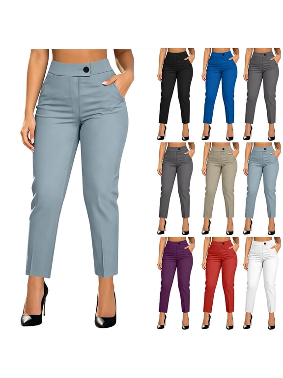 Ankle Pants Pants for Women Button Elastic High Waisted Dress Pants Business Casual Office Work Cropped Trousers Slacks with Pockets