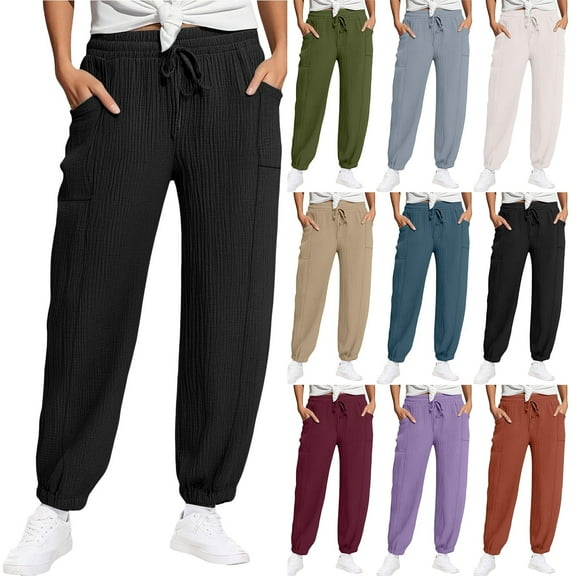 Bloomae Baggy Sweatpants for Women Fall Elastic High Waist Drawstring Wide Leg Harem Pants Loose Draped Casual Palazzo Lounge Pajama Pants with Pockets Blue S