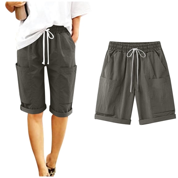 Bloomae Bermuda Cargo Linen Shorts for Women Knee Length Plus Size Summer Casual Beach Elastic Waist Drawstring Comfy Trendy Straight Leg Long Shorts with Multi-Pockets Gray XXL