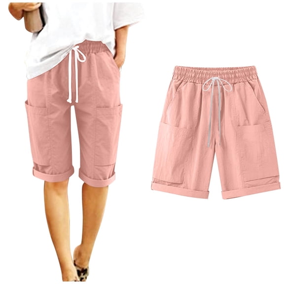 Bloomae Bermuda Cargo Linen Shorts for Women Knee Length Plus Size Summer Casual Beach Elastic Waist Drawstring Comfy Trendy Straight Leg Long Shorts with Multi-Pockets Pink L