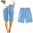 thumbnail image 1 of Bloomae Bermuda Cargo Linen Shorts for Women Knee Length Plus Size Summer Casual Beach Elastic Waist Drawstring Comfy Trendy Straight Leg Long Shorts with Multi-Pockets Light Blue S, 1 of 10