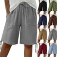 thumbnail image 1 of Bloomae Bermuda Shorts for Women Knee Length Drawstring Elastic Waist Linen Lounge Shorts Lightweight Casual Summer Gauze Pedal Pushers with Pockets Dark Blue XL, 1 of 10