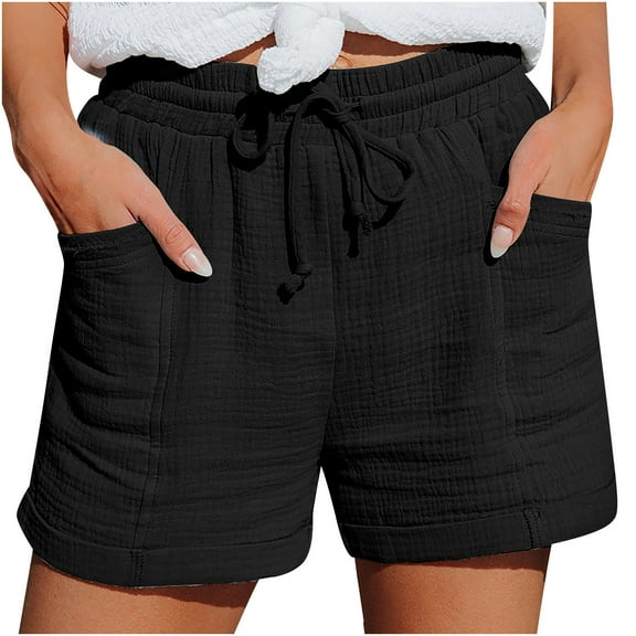 Bloomae Bermuda Shorts for Women Summer Casual Waffle Knit Soft Comfy Beach Lounge Shorts Drawstring Elastic Waist Lightweight Shorts with Pockets Black L