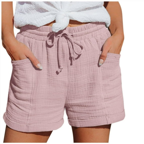 Bloomae Bermuda Shorts for Women Summer Casual Waffle Knit Soft Comfy Beach Lounge Shorts Drawstring Elastic Waist Lightweight Shorts with Pockets Pink#01 S