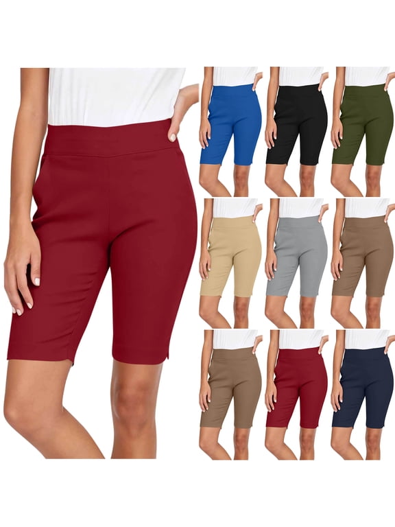 Bermuda Shorts for Women High Waist Pull On Stretch Short Jeggings Casual Above Knee Length Side Slit Short Work Pants with Pockets
