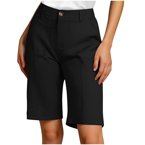 Bloomae Bermuda Shorts for Women Knee Length High Waisted Cotton Button Elastic Wasit Summer Dressy Casual Long Chino Shorts with Pockets Black XL