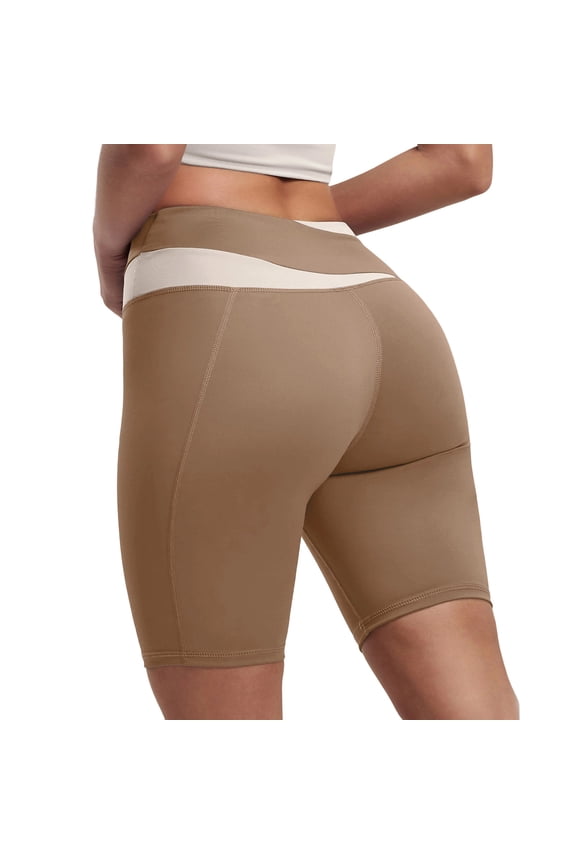 Biker Shorts Women with Pockets Casual Crossover V-Waist Stretch Color Block High Waisted Workout Tummy Control Gym Running Yoga Shorts Coffee XXL