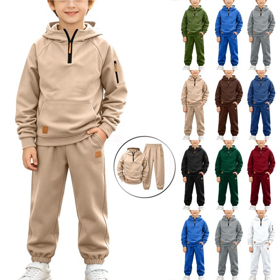 Bloomae Boys Sweatsuits 2 Piece Outfits Casual Fall Long Sleeve Quarter Zip up Cargo Hoodie Sweatshirt Tops Elastic Waist Jogger Sweat Pants Trendy Athletic Workout Tracksuit for School Daily Wear