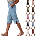 thumbnail image 1 of Bloomae Button Side Slit Capris for Women Knee Length Casual Stretch Elastic High Waist Straight Leg Beach Shorts Loose Lightweight Comfy Lounge Short Pants with Pockets Pink L, 1 of 10
