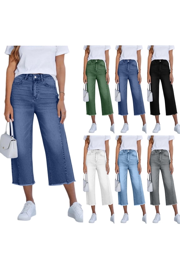 Capri Jeans for Women Loose Straight Wide Leg High Waisted Effortless Flow Pull On Stretchy Denim Capris Elastic Waist Cropped Pants with Pockets