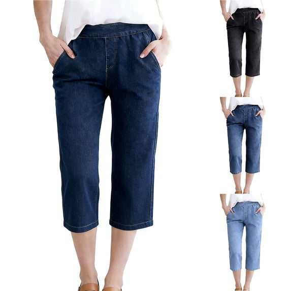Bloomae Capri Jeans for Women Wide Leg High Waisted Loose Straight Leg Pull On Jeans Stretchy Denim Elastic Waist Pants with Pockets Light Blue L