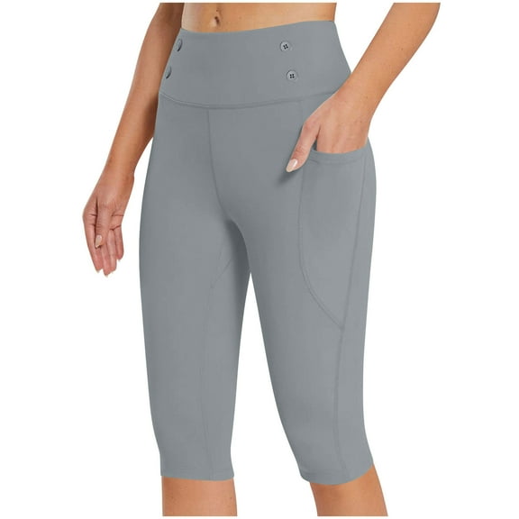 Bloomae Capri Leggings for Women with Pockets Stretch High Waisted Yoga Capris Tummy Control Workout Cropped Work Pants Pull On Slacks with Pockets Gray S