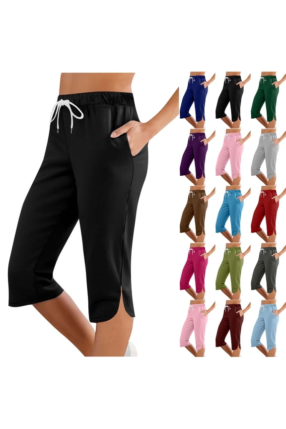 Capri Leggings For Women Side Slit Knee Length Petite 2025 Summer Drawstring Elastic High Waisted Athletic Workout Yoga Pants with Pockets Black L