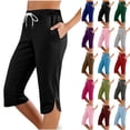 thumbnail image 1 of Bloomae Capri Leggings For Women Side Slit Knee Length Petite 2025 Summer Drawstring Elastic High Waisted Athletic Workout Yoga Pants with Pockets Black XXL, 1 of 9