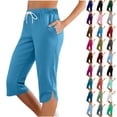 thumbnail image 1 of Bloomae Capri Leggings For Women Side Slit Knee Length Petite 2025 Summer Drawstring Elastic High Waisted Athletic Workout Yoga Pants with Pockets Dark Blue XL, 1 of 10