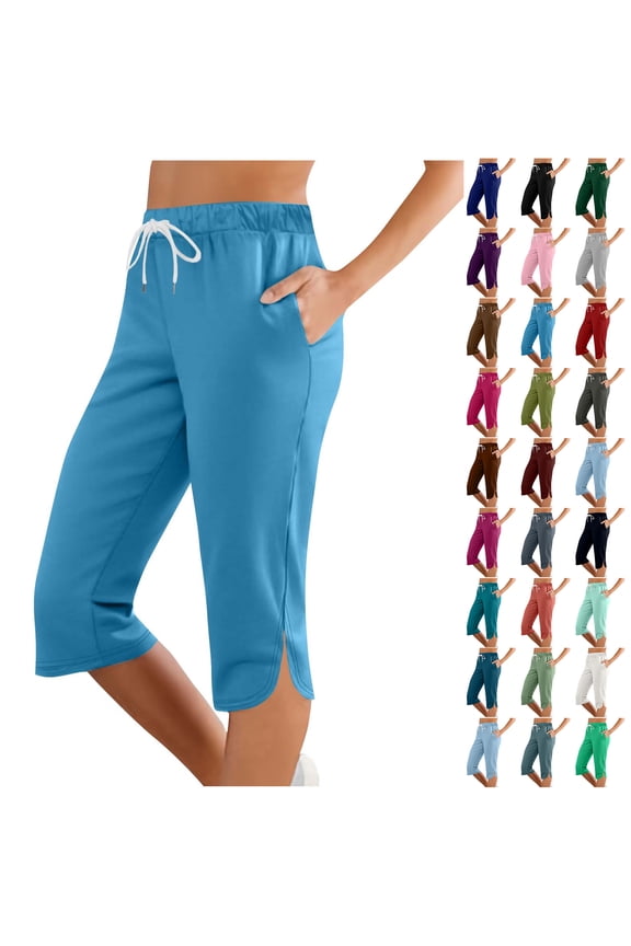 Capri Leggings For Women Side Slit Knee Length Petite 2025 Summer Drawstring Elastic High Waisted Athletic Workout Yoga Pants with Pockets Mint Green S