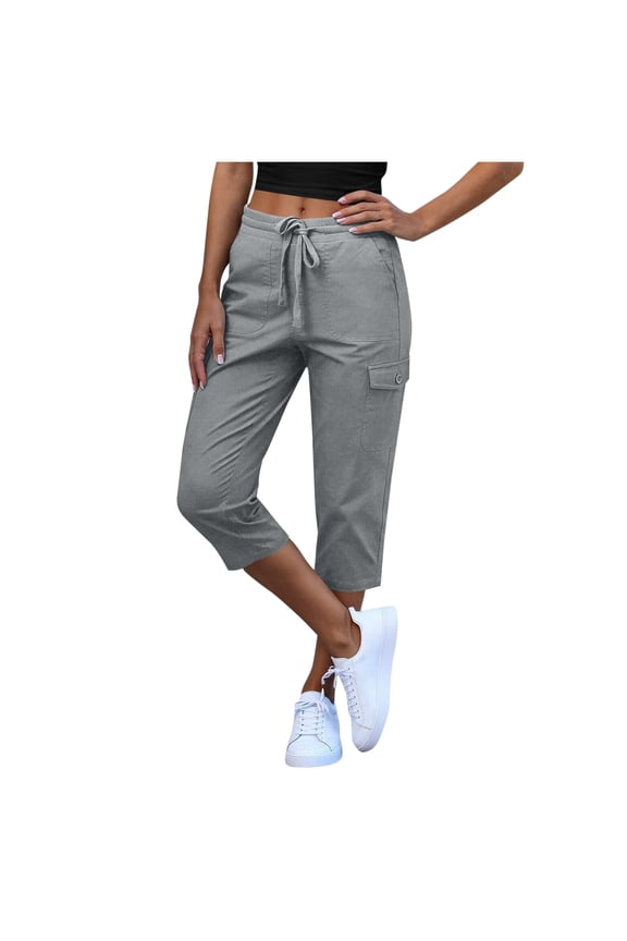Capri Pants for Women Cargo Elastic Waist Pull On Drawstring Summer Casual Solid Color Capris Cotton Chino Cropped Pants with Pockets Gray XXL