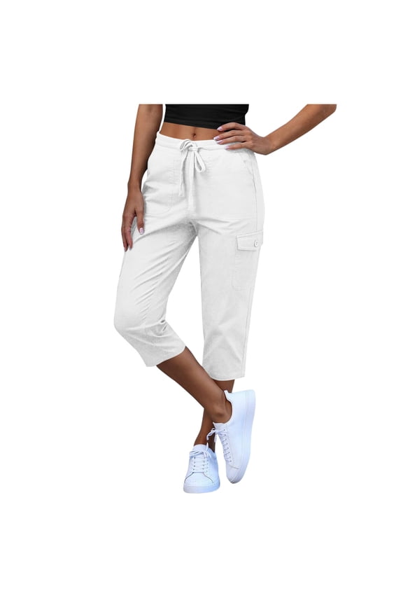 Capri Pants for Women Cargo Elastic Waist Pull On Drawstring Summer Casual Solid Color Capris Cotton Chino Cropped Pants with Pockets White XXL
