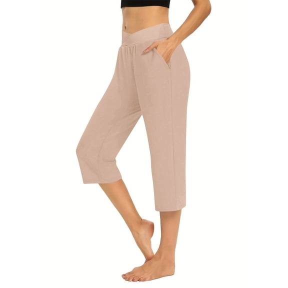 Bloomae Capri Pants for Women Casual 2025 Summer Cross Elastic High Waist Yoga Cropped Sweatpants Workout Wide Leg Plus Size Lounge Capris with Pockets Khaki L