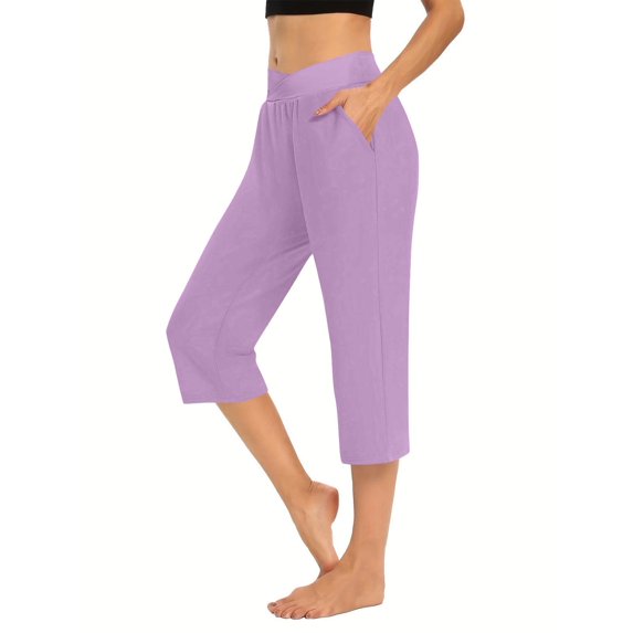 Bloomae Capri Pants for Women Casual 2025 Summer Cross Elastic High Waist Yoga Cropped Sweatpants Workout Wide Leg Plus Size Lounge Capris with Pockets Purple XL