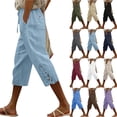 thumbnail image 1 of Bloomae Capri Pants for Women Casual Drawstring Elastic High Waist Comfy Lounge Cropped Trousers Loose Fit Lace Splicing Hollow out Capris with Pockets, 1 of 6
