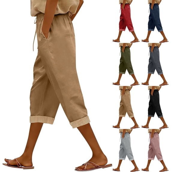 Bloomae Capri Pants for Women Cotton Linen Lightweight Casual Summer Drawstring Elastic High Waist Wide Leg Loose Roll up Cropped Trousers with Pockets