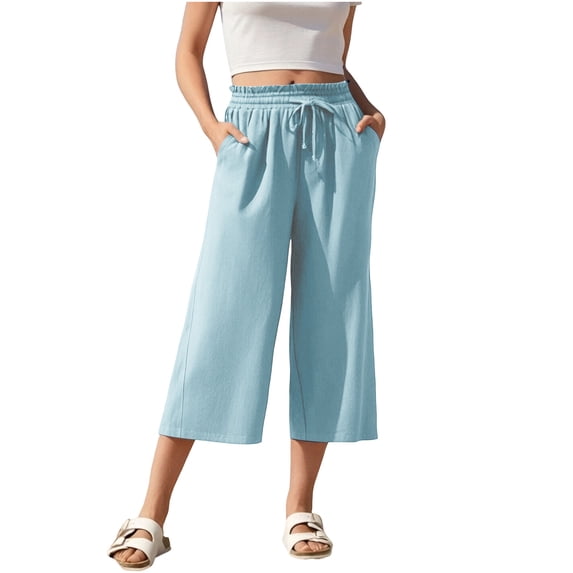Bloomae Capri Pants for Women High Waisted Wide Leg Casual Lounge Pant Summer Capris Adjustable Drawstring Beach Vacation Short Pants with Pockets Light Blue XL