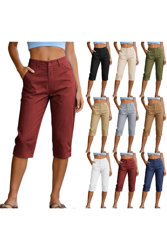 Capri Pants for Women with Pockets Button Elastic High Waist Cargo Cropped Pant Lightweight Casual Summer Straight Leg Knee Length Long Bermuda Capris with Pockets