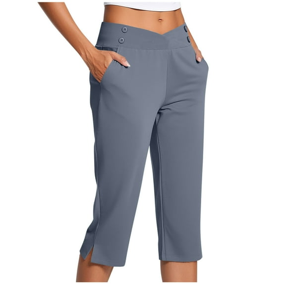 Bloomae Capri Pants for Women Stretch Button V Cross High Waisted Crop Office Work Pants Summer Casual Capris Slacks Yoga Dress Pant with Pockets Gray XL