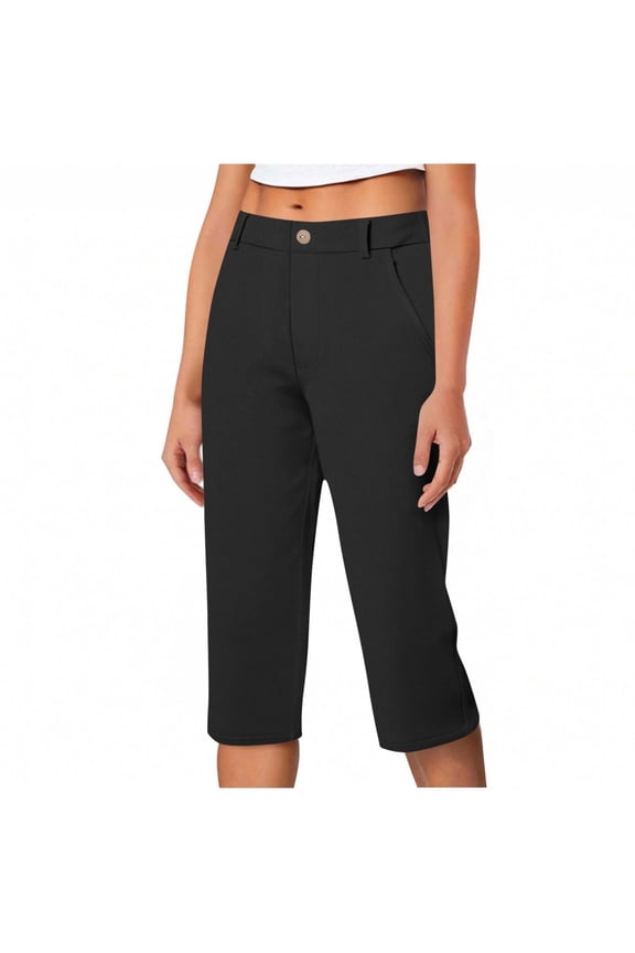 Capri Pants for Women Summer High Waisted Cotton Elastic Waist Dressy Casual Office Work Capris Trousers Chino Capri Pants with Pockets Black M