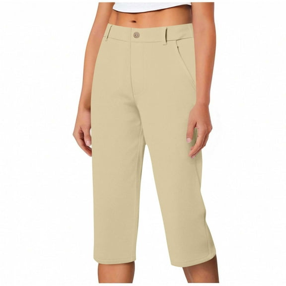 Bloomae Capri Pants for Women Summer High Waisted Cotton Elastic Waist Dressy Casual Office Work Capris Trousers Chino Capri Pants with Pockets Khaki L