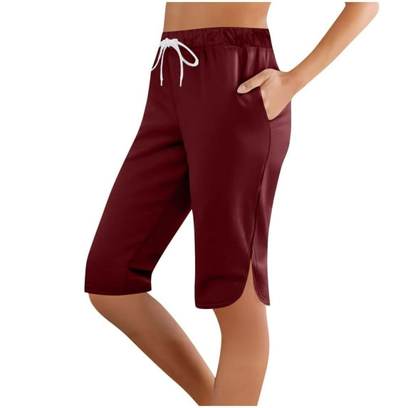 Bloomae Capri Pants for Women Summer Lightweight Casual Drawstring Elastic Waist Workout Split Hem Stretch Comfy Gym Yoga Leggings with Pockets Wine S