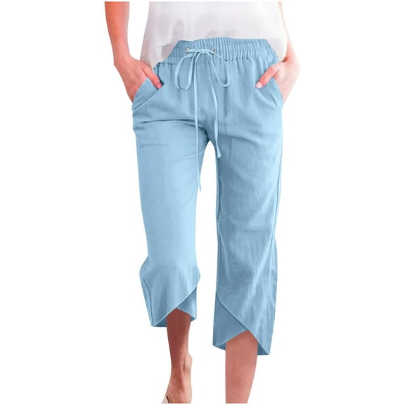 Bloomae Capri Pants for Women Casual 2025 Summer Drawstring Elastic High Waist Linen Pants Wide Leg Plus Size Lounge Capris with Pockets Light Blue L
