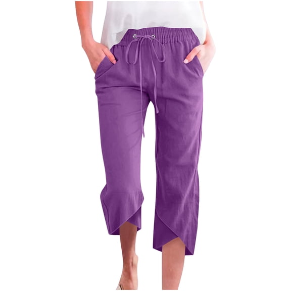 Bloomae Capri Pants for Women Casual 2025 Summer Drawstring Elastic High Waist Linen Pants Wide Leg Plus Size Lounge Capris with Pockets Purple XL