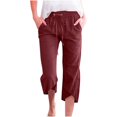 thumbnail image 1 of Bloomae Capri Pants for Women Casual 2025 Summer Drawstring Elastic High Waist Linen Pants Wide Leg Plus Size Lounge Capris with Pockets Wine M, 1 of 6