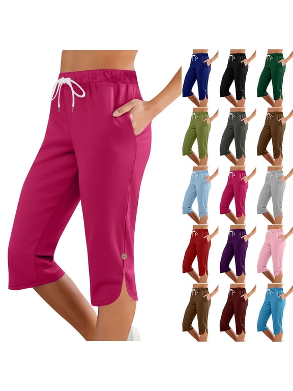 Capri Pants for Women Summer Lightweight Button Split Hem Cropped Trousers Workout Loose Stretch Yoga Petite Pants with Pockets