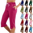 thumbnail image 1 of Bloomae Capri Pants for Women Summer Lightweight Button Split Hem Cropped Trousers Workout Loose Stretch Yoga Petite Pants with Pockets, 1 of 8