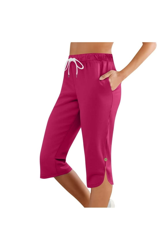 Capri Pants for Women Summer Lightweight Button Split Hem Cropped Trousers Workout Loose Stretch Yoga Petite Pants with Pockets Hot Pink XL
