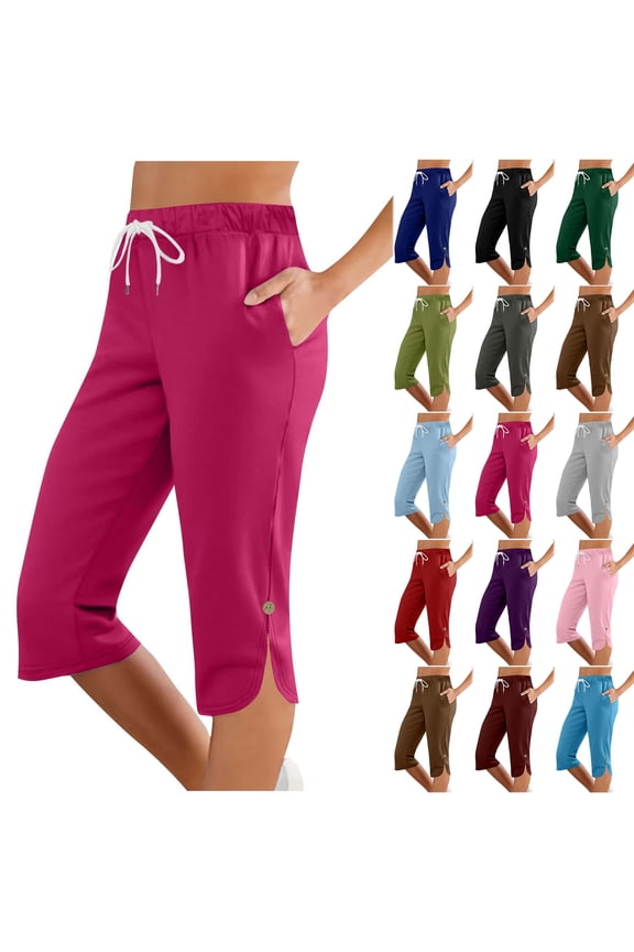 Capri Pants for Women Summer Lightweight Button Split Hem Cropped Trousers Workout Loose Stretch Yoga Petite Pants with Pockets