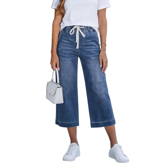 Bloomae Capris Jeans for Women Trendy Wide Leg Capri Pants Drawstring High Waisted Pull On Elastic Waist Summer Stretch Denim Jeans with Pockets Blue L
