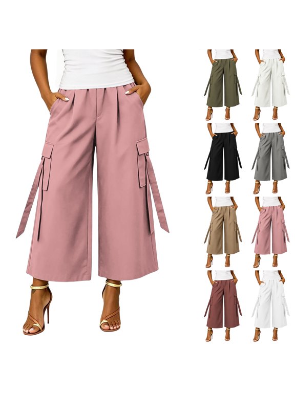 Cargo Capri Pants for Women Hight Waisted Baggy Work Business Cropped Capris Loose Fit Casual Lounge Wide Leg Bottoms with Pockets