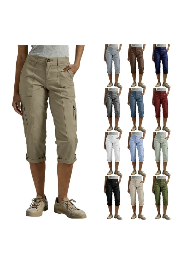 Cargo Capris for Women Summer Casual High Waisted Button Loose Travel Hiking Capri Pants Lightweight Roll Hem Cropped Pants with Multi-Pockets