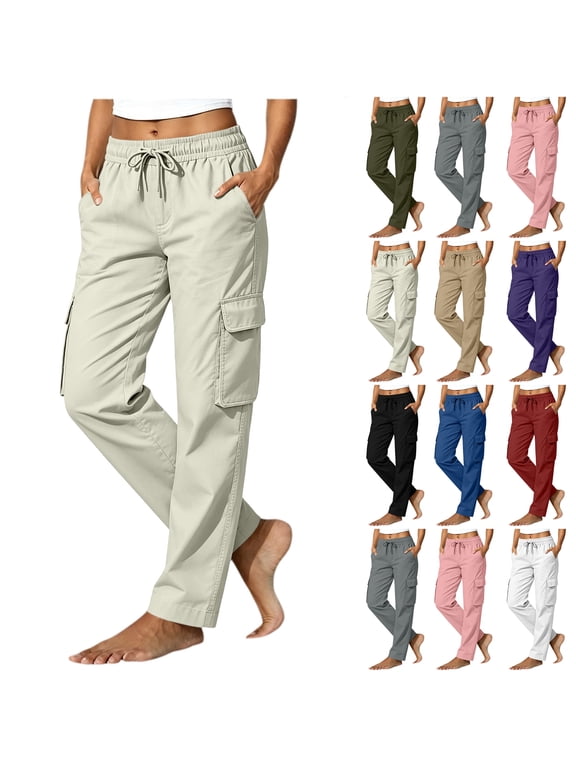 Cargo Pants for Women Loose Wide Straight Leg Drawstring Elastic High Waist Y2K Parachute Pants with Pockets Fall 2026 Plus Size Hiking Track Pants