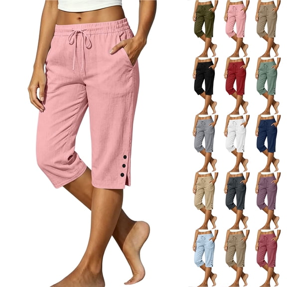 Bloomae Casual Capri Pants for Women Lightweight Drawstring Elastic High Waist Summer Wide Leg Capris Loose Fit Button Side Split Hem Cropped Lounge Trousers with Pockets