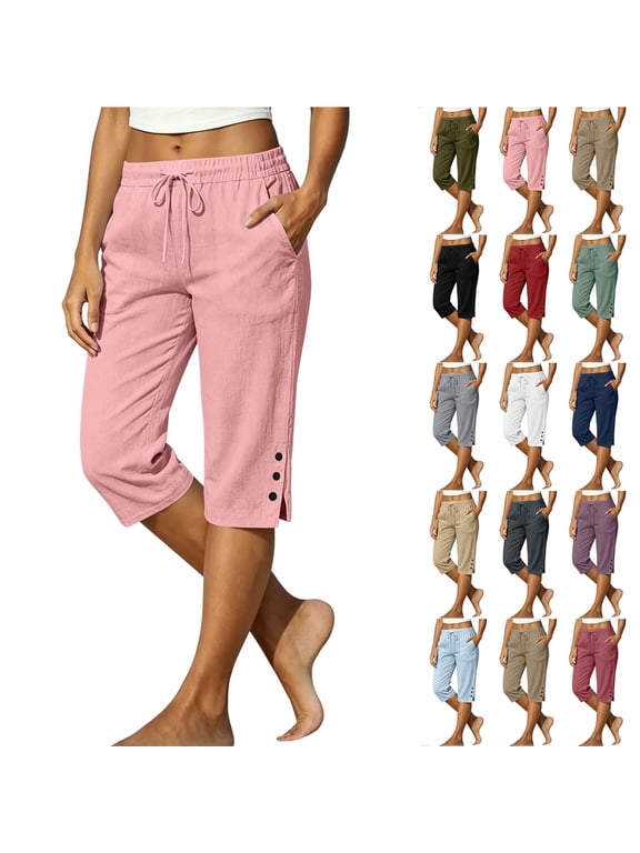 Casual Capri Pants for Women Lightweight Drawstring Elastic High Waist Summer Wide Leg Capris Loose Fit Button Side Split Hem Cropped Lounge Trousers with Pockets