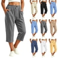 thumbnail image 1 of Bloomae Casual Capri Pants for Women Summer Button Elastic Waisted Cropped Pants Baggy Lightweight Comfy Wide Straight Leg Trousers with Pockets, 1 of 8