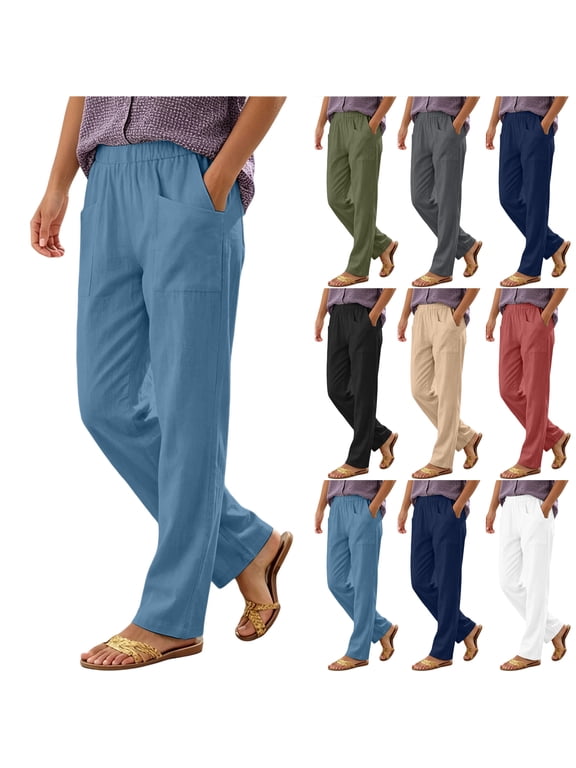 Casual Pants for Women High Waist Elastic Summer Beach Vacation Trousers Loose Lightweight Comfy Straight Leg Long Lounge Pants with Pockets