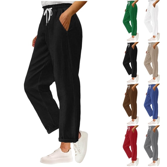 Bloomae Corduroy Pants for Women Casual Fall Winter Drawstring Elastic Waist Knit Pants Loose Straight Leg Trousers with Pockets White M
