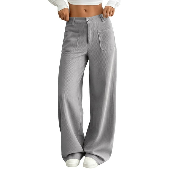 Bloomae Corduroy Wide Leg Cargo Pants for Women Trendy Basic Solid Color Casual Button Stretch High Waisted Elastic Trousers Dress Pants with Pockets Gray M